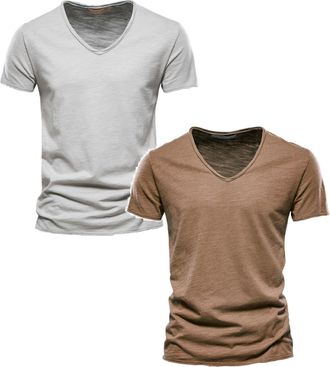 Generic 2 Pack T-Shirts for Men UK Casual V Neck Short Sleeve Tee Top Slim Fit Comfy Cotton Summer T Shirt Plain Breathable Shirts Undershirts