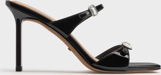 Charles & Keith Patent Leather Gem-Buckle Double-Strap Heeled Sandals