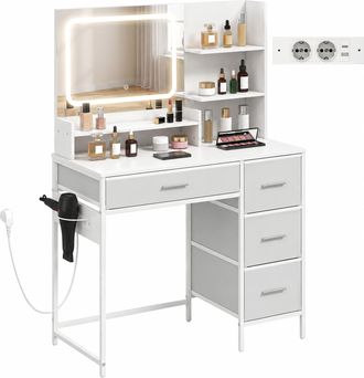 HOMCOM Homcom Tocador De Maquillaje Con Espejo Led, Estaci&oacute;n De Carga, 3 Colores De Luz, 4 Cajones, 5 Estantes Abiertos, Soporte Para Secador, Blanco