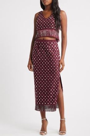 Saylor Embellished Fringe Crop Top & Midi Skirt Set in Rumba Red at Nordstrom Rack, Size Medium