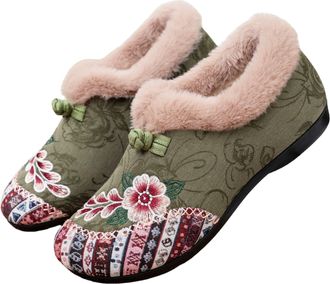 Generic Dritnow Womens Warm Floral Winter Ankle Boots, Embroidered Slip-On Boots, Lightweight Non-slip Indoor/Outdoor Shoes (Green,10.5)