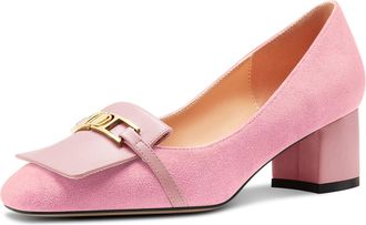 Castamere Womens Chunky Block Mid Heel Square Toe Slip-on Metal Chain Pumps Court Shoe Wedding Prom Dress 5 CM Heels Pink 7.5 UK