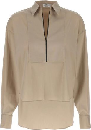 Brunello Cucinelli Overhemden, Dames, Beige, S, Katoen, V-Neck Shirt Monile
