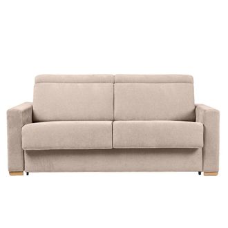 Miliboo Sof&aacute; Cama Convertible De 3 Plazas En Tela De Efecto Terciopelo Beige Con Reposacabezas Ajustables Y Colch&oacute;n De 18 Cm Noro
