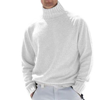 Generic Mens Jumpers Knitted Turtleneck Sweater Long Sleeved Mock Neck Pullover Warm Stand Collar Winterpullover Man Jumper with Zip White