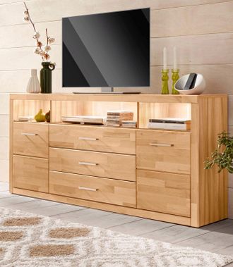 HOME AFFAIRE Sideboard »Ribe,180cm breit, Fronten Massivholz,7 Fächer« Holz massiv, Holzwerkstoff, Metall Griffe,2Türen,3Schubladen