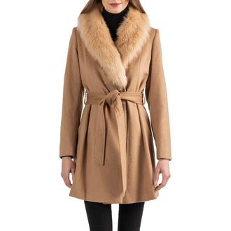 Sofiacashmere Toscana Genuine Lamb Shearling Collar Wool Blend Coat in Camel at Nordstrom Rack, Size 10