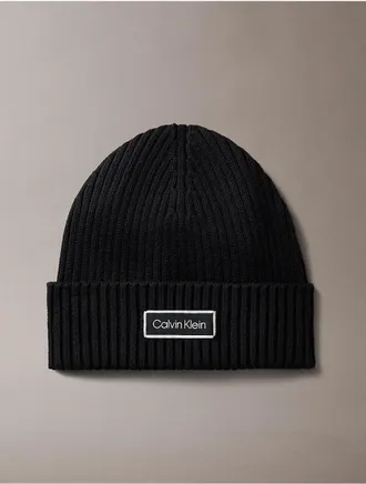 Calvin Klein Womens Logo Patch Rib Beanie - Black - OS