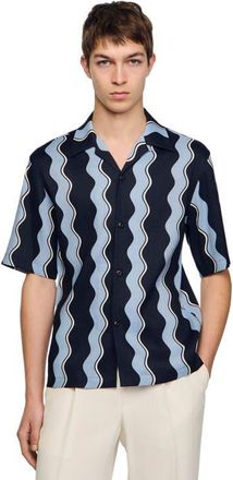 Sandro Printed linen shirt in Navy Blue at Nordstrom, Size Xx-Large
