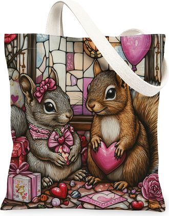 Generic Valentines Day Squirrel Canvas Tote Bag for Shopping 13x15, Stained Glass Animal Couple Reusable Grocery Print Pattern Bag for Women, Holiday Beach Ae