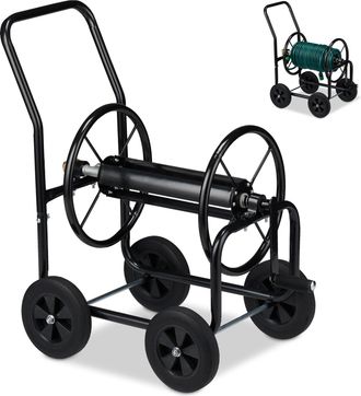 Relaxdays Relaxdays - Carro Para Manguera, Enrollador Xl, Cuatro Ruedas De Goma, Manivela, Para 60m, 81x48x80 Cm, 1 Ud., Negro