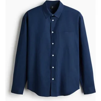 H&M Relaxed Fit Linen-blend Shirt in Dark Blue at Nordstrom, Size Xx-Large