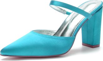 Generic Wedding Bridal Shoes Womens Block Heel Wedding Heels Sandals Wedding Shoes Pointed Toe Ankle Strap Slingback Bridal Heels 9Cm,Blue Green,10 UK