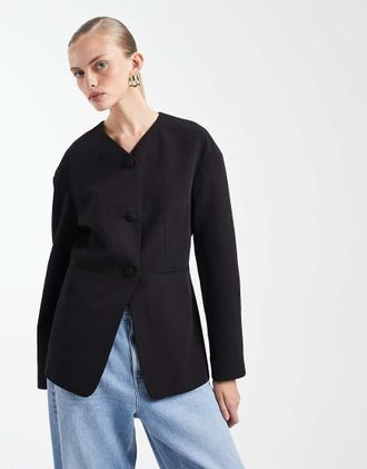 Miss Selfridge Blazer stretto in vita senza colletto nero