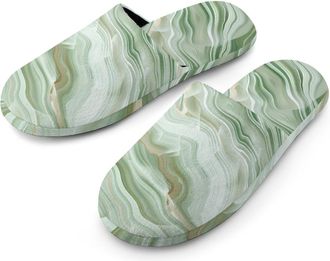 Generic Green Marble Pattern Warm Mens Slippers Slip On Soft Fleece House Shoes Winter Indoor Outdoor
