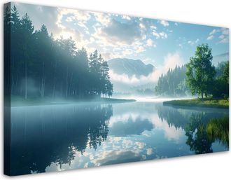 Feeby Cuadro Sobre Lienzo, Paisaje Lago Monta&ntilde;as Niebla Naturaleza, 120x60