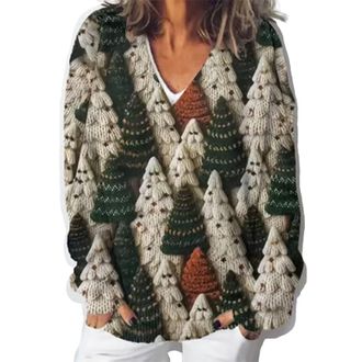 Generic Christmas Knit Sweaters for Women Pullover Tops Womens Floral Print Loose Fashion Casual Winter V Neck Knitted Strip Long Sleeve Imitation Sweater (Sk