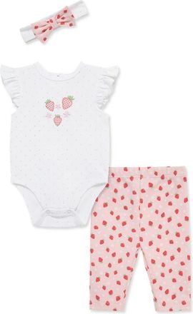 Little Me Strawberry Bodysuit, Leggings & Headband Set in Pink at Nordstrom, Size 12M
