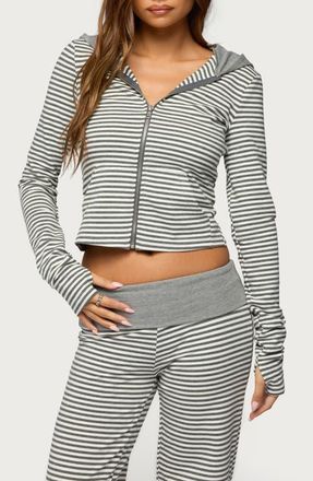 Edikted Meggy Colorblock Stripe Zip Hoodie in Gray-And-White at Nordstrom, Size X-Large