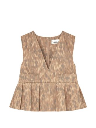 Ganni Beige Printed V Neck Top