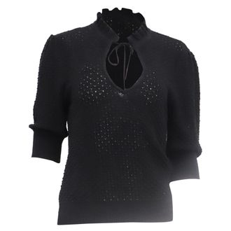 Ganni Ganni Knitted Ruffled Blouse in Black Linen