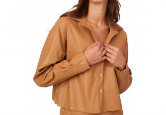 Astrid Faux Leather Button Front Shirt In Camel