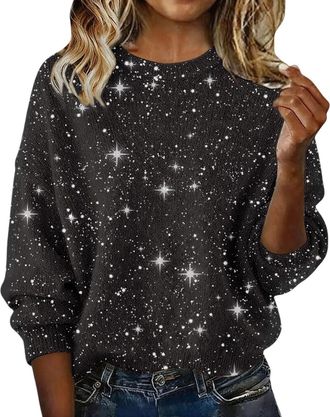 Generic UK Womens Sparkly Star Sequin Jumper Soft Cozy Winter Warm Knit Pullover Plus Size Baggy Crewneck Long Sleeve Sweater Carnival Rave Fashion Outfits (R