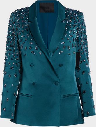 Sally Lapointe Crystal Embroidered Satin Double-Breasted Blazer
