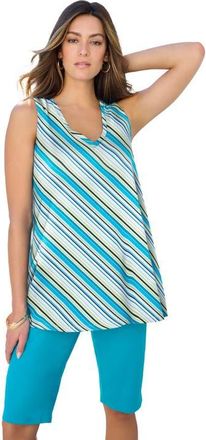 Roaman's Plus Size Cotton Ultimate Swing Tank Top in Turq Diagonal Stripe at Nordstrom, Size 32