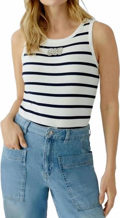 Oui Striped With Embellished Logo Tank Top In Off White Blue