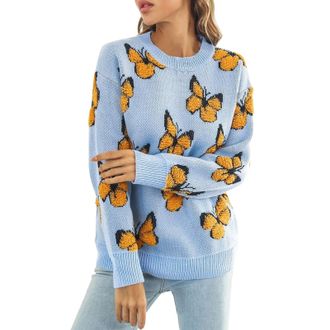 Generic Lightning Deals of The Day Prime Winter Sweatshirt Women Womens Autumn Winter Round Neck Butterfly Loose Casual Pullover Sweater Christmas Jumpers Sav