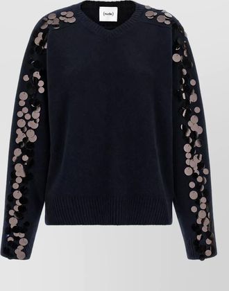 Nude sequin v-neck ribbed wool-blend sweater