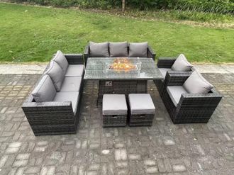 Fimous Rattan Gas Fire Pit Dining Table Sets Heater Lounge Chairs 10 Seater in Dark Grey