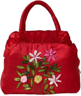 Generic Ethnic Style Tote Bag, Small Purse Wallet, Embroidery Flower Satin Silk Handbag, Zipper Flower Wrist Bag for Women Phone Cosmetic(red)