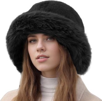 Feoya Women Winter Faux Fur Fuzzy Bucket Hat Fluffy Furry Warm Plush Hat Soft Thicken Wide Brim Fisherman Cap Black