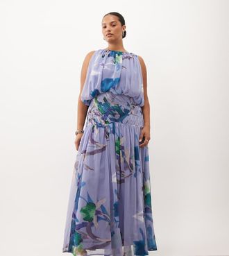 Asos Curve ASOS DESIGN Curve vestito maxi con dettaglio in vita drappeggiato, arricciato e con stampa floreale sfumata-Multicolore