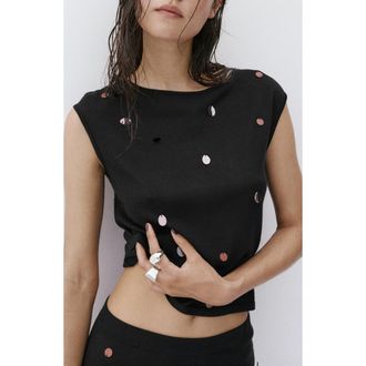 Mango Sequined Short Sleeve Top in Black at Nordstrom, Size X-Small