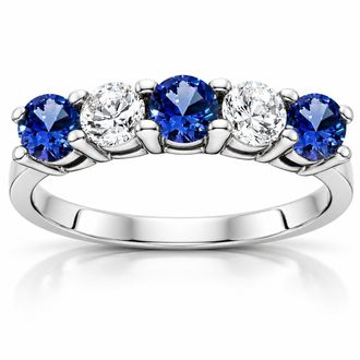 Pompeii3 1 cttw Blue Sapphire & Diamond 5-Stone Wedding Anniversary Ring 14k White Gold Size Selectable