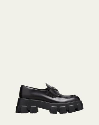 Prada Monolith Leather Logo Platform Loafers
