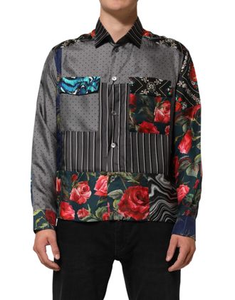 Dolce & Gabbana Mens Multicolor Patchwork Long Sleeves Silk Shirt