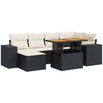 vidaXL Set De Sof&aacute;s De Jard&iacute;n 7 Pzas Con Cojines Rat&aacute;n Sint&eacute;tico Negro Vidaxl
