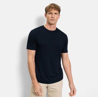 Olymp Rundhalsshirt OLYMP, Herren, Gr. XXL, marine, Jersey, Obermaterial: 95% Leinen, 5% Elasthan, unifarben, regular fit h&uuml;ftbedeckend, Rundhals, Shirts Ru