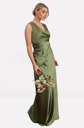 Six Stories Plunge Drape Satin Bridesmaid Dress in Moss Green at Nordstrom, Size 14