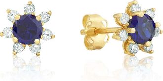 MAX + STONE 14k Yellow or White Gold Gemstone and 4mm Diamond Flower Halo Stud Earrings