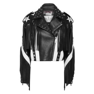 Philipp Plein Jassen, Dames, Zwart, XL, Leer, Vintage Leather Moon Biker met Franjes America
