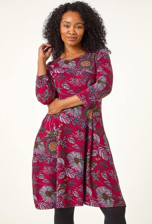 Roman Floral Print A-Line Stretch Dress