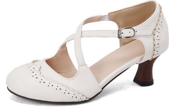 Generic Womens Cross Strap Casual Shoes with Buckle Mid Kitten Heel Retro Dress Shoes Round Toe PU Leather Brogue Shoe,White,10.5 UK