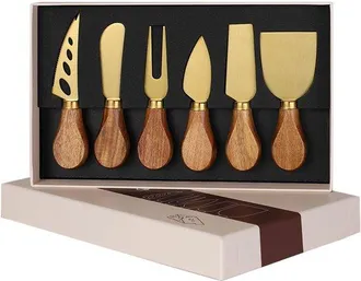 OEM Juego De 6 Cuchillos Para Queso, Hoja De Acero Inoxidable, Mango De Madera, Mango De Madera De Acacia, Tenedor Para Queso, Plateado
