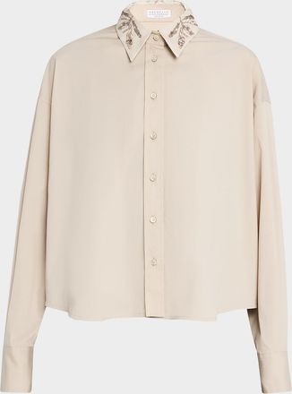Brunello Cucinelli Herbarium-Collar Cotton Poplin Button-Down Shirt