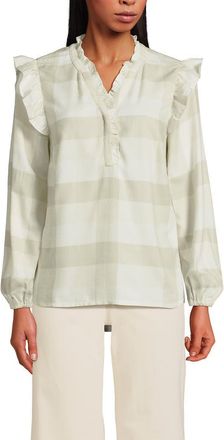 Lands End Ruffle Front Flannel Popover Blouse in Ivory/portobello Check at Nordstrom, Size X-Large